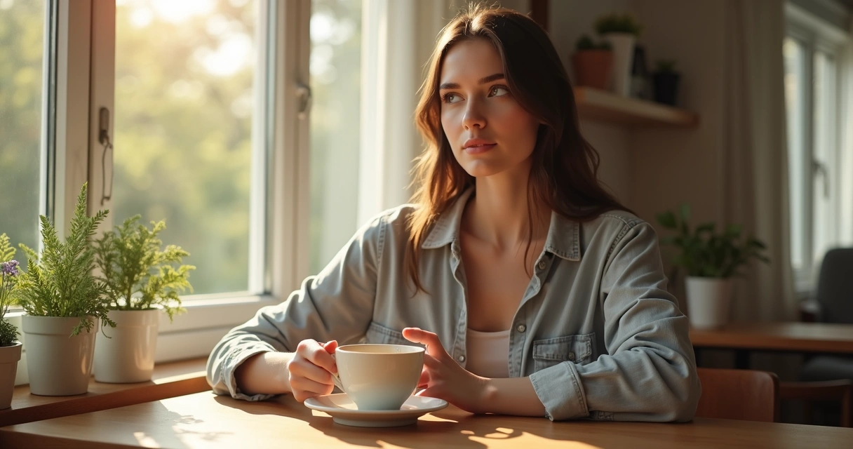 Mulher pensativa tomando café da manhã em mesa de madeira 