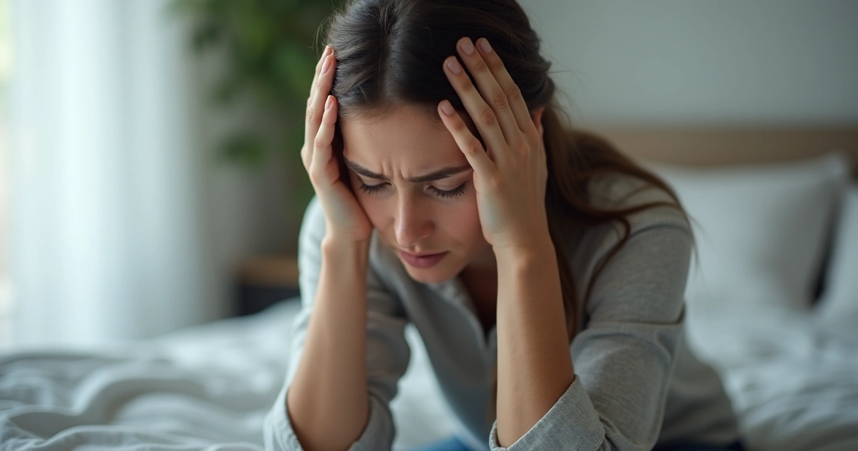 Mulher sentada na cama, segurando a cabeça com expressão pensativa 
