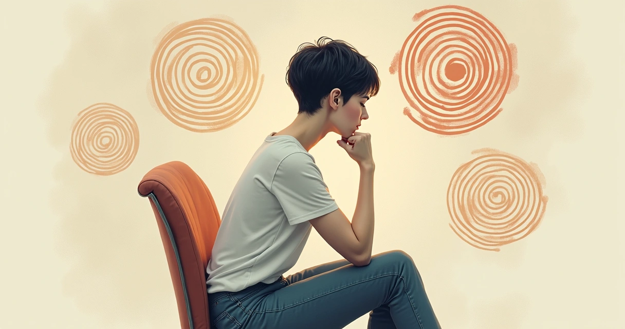 Mulher pensativa cercada por desenhos que representam pensamentos repetitivos e limitantes