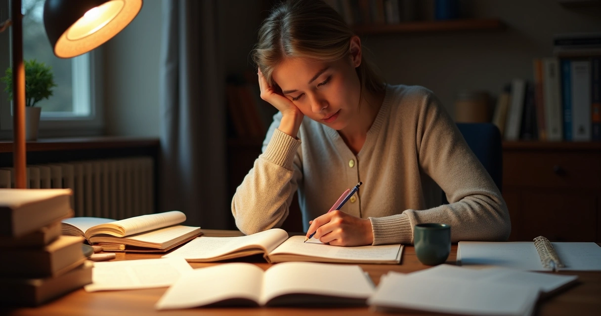Mulher olhando para livros e notas enquanto pensa