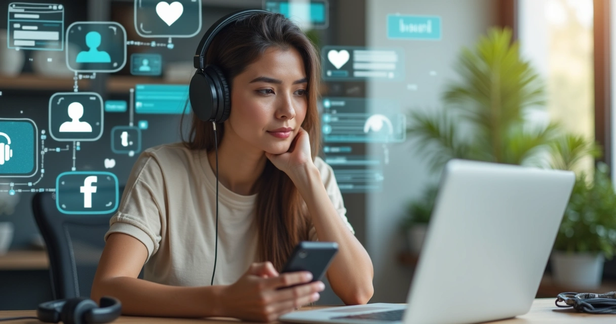 Mulher pensativa segura smartphone em cenário moderno