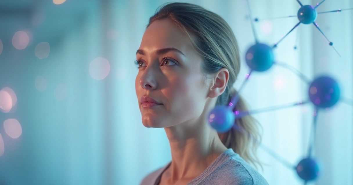 Mulher pensativa olhando para frente, com gráficos de hormônios ao fundo 
