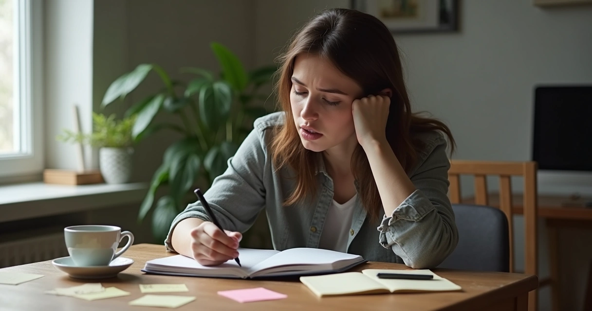 Pessoa escrevendo pensamentos em um caderno