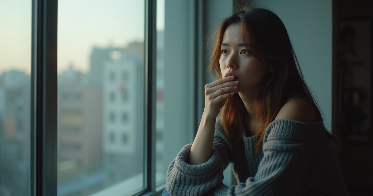 Mulher pensativa sentada olhando pela janela