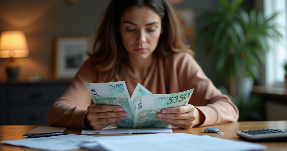Mulher olhando preocupada para notas de dinheiro na mão 