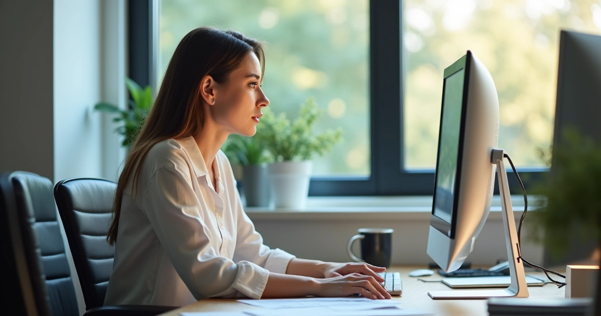 Mulher pensativa sentada em uma mesa de escritório 