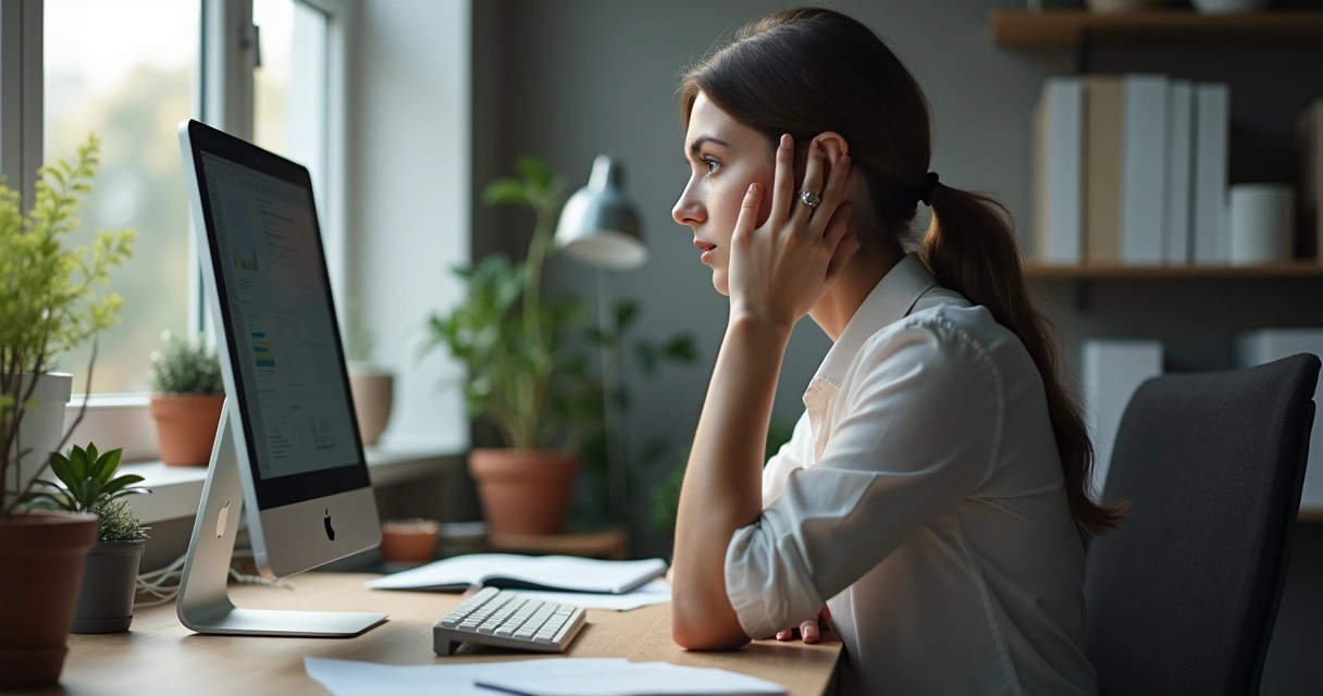 Mulher olhando para uma tela de computador com expressão reflexiva 