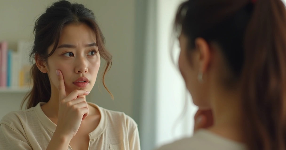 Mulher pensativa olhando seu reflexo em um espelho 