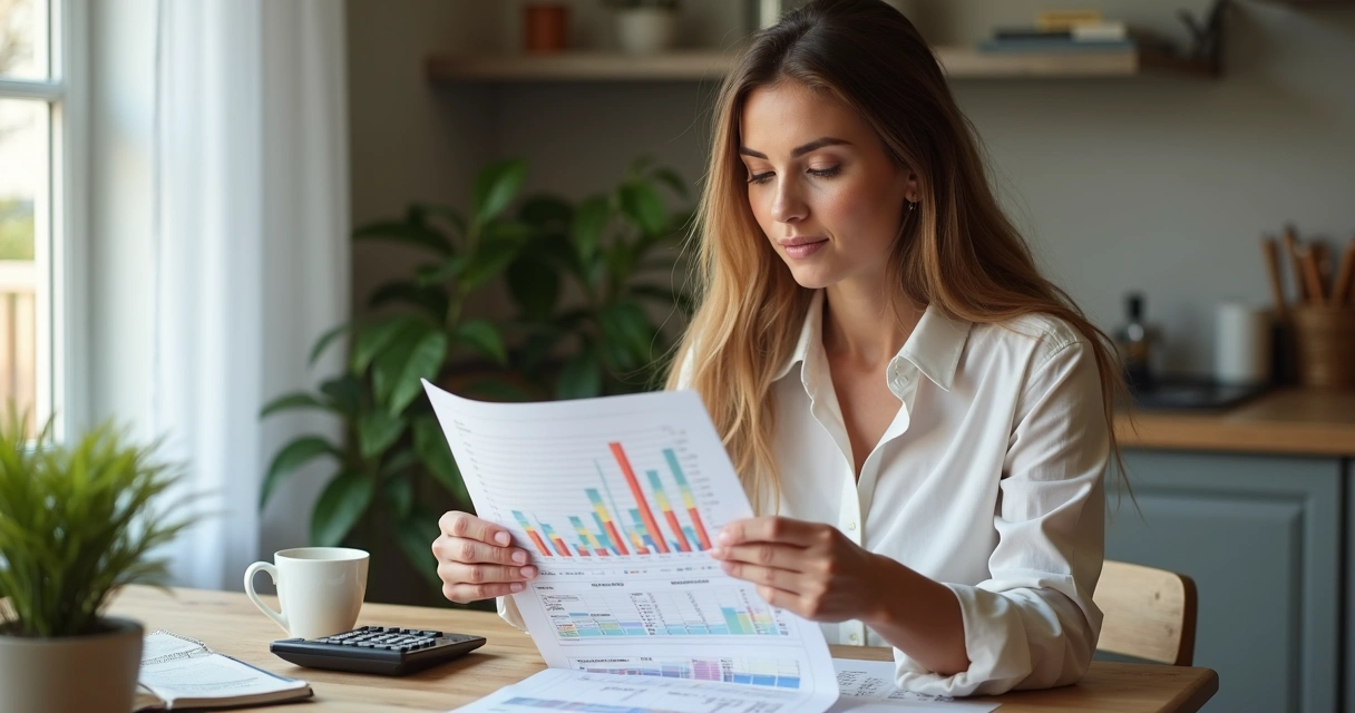 Mulher pensativa segurando planilha com gráficos financeiros