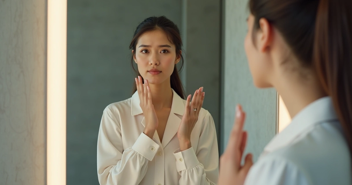 Mulher pensativa de frente para o espelho 