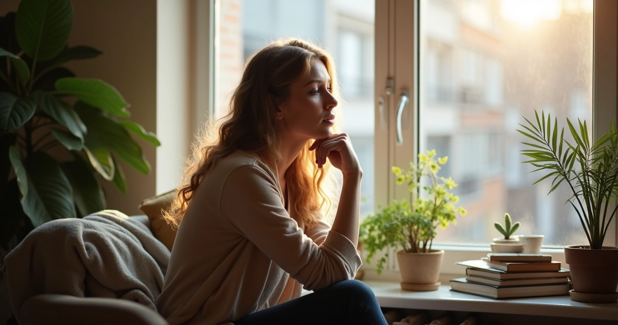 Mulher pensativa olhando pela janela, luz suave em ambiente interno 