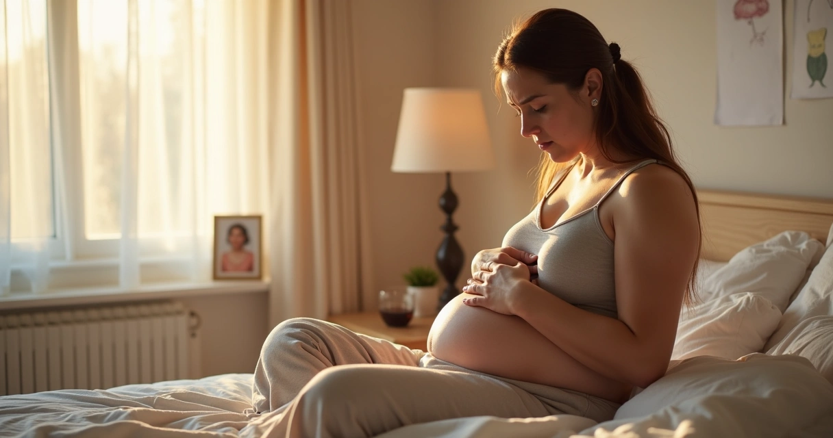Mulher adulta pensativa tocando o peito e o abdômen sentada na cama 