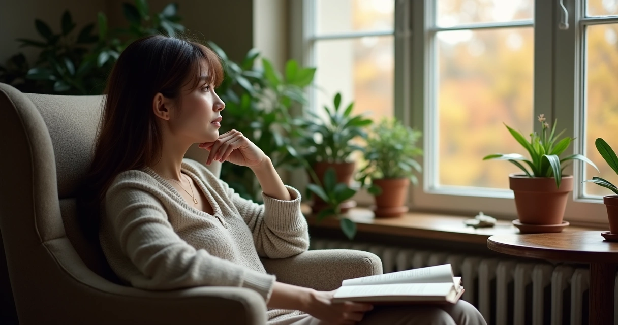 Mulher sentada em uma poltrona, olhando para fora pela janela, expressão pensativa, luz suave da manhã, ambiente calmo, livro aberto ao lado