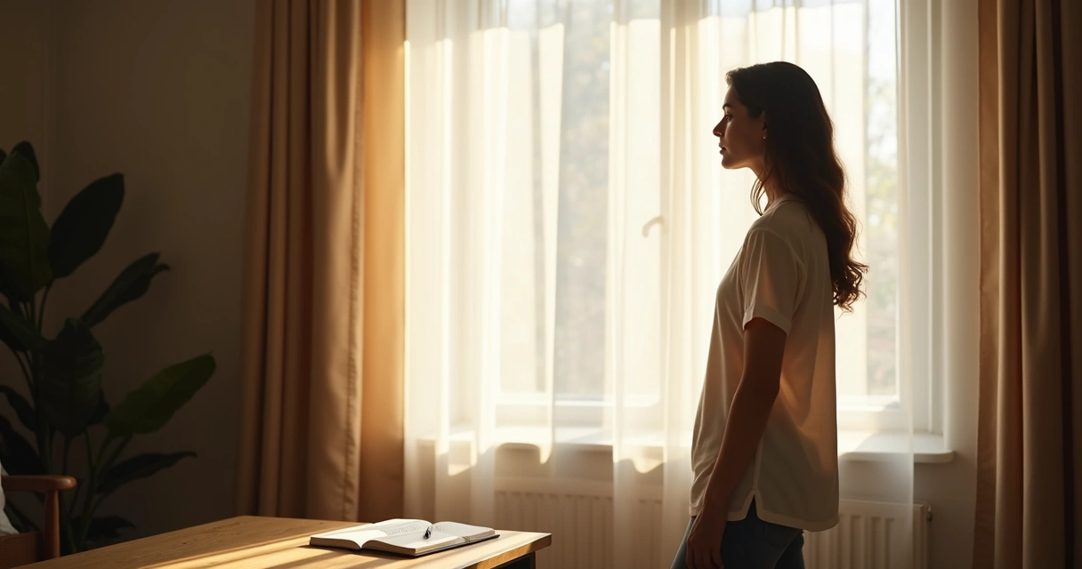 Mulher pensativa olhando para janela