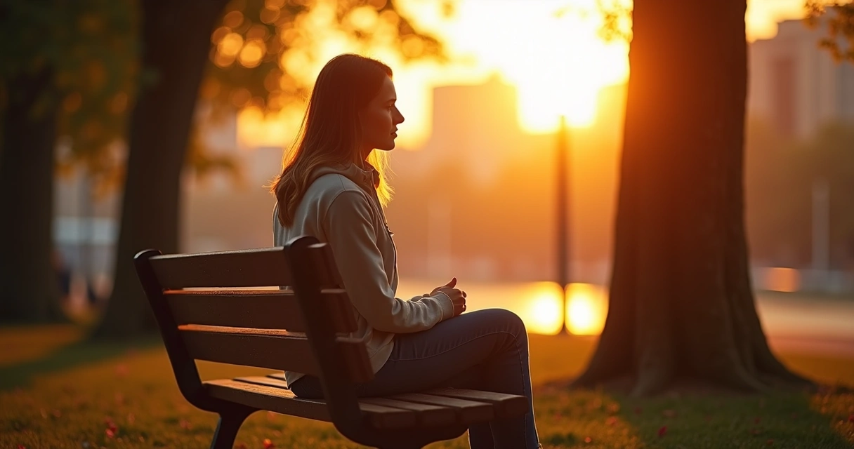 Mulher sentada sozinha em um banco de praça, com expressão pensativa, enquanto o sol se põe ao fundo. 