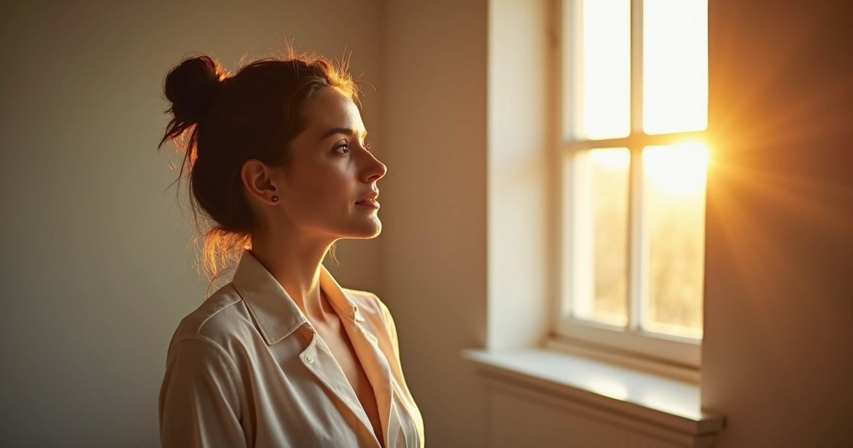 Mulher em pé, pensativa, com luz suave do sol ao fundo. 