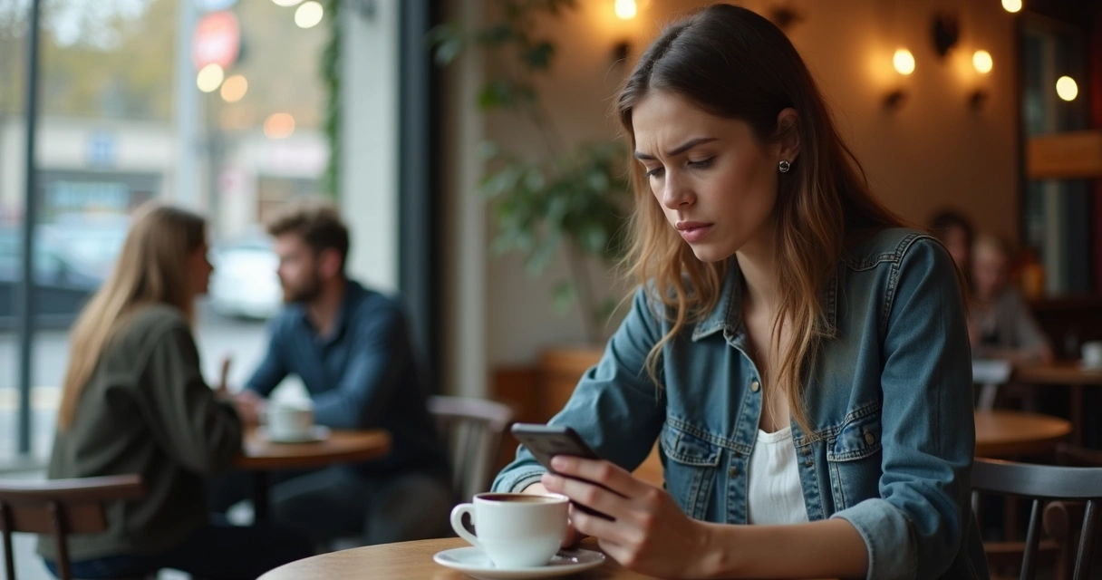 Mulher com expressão de leve desconforto sentada em um café, olhando para o celular. 