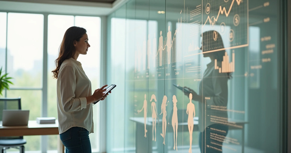 Mulher em pé observando projeções corporais e gráficos financeiros 