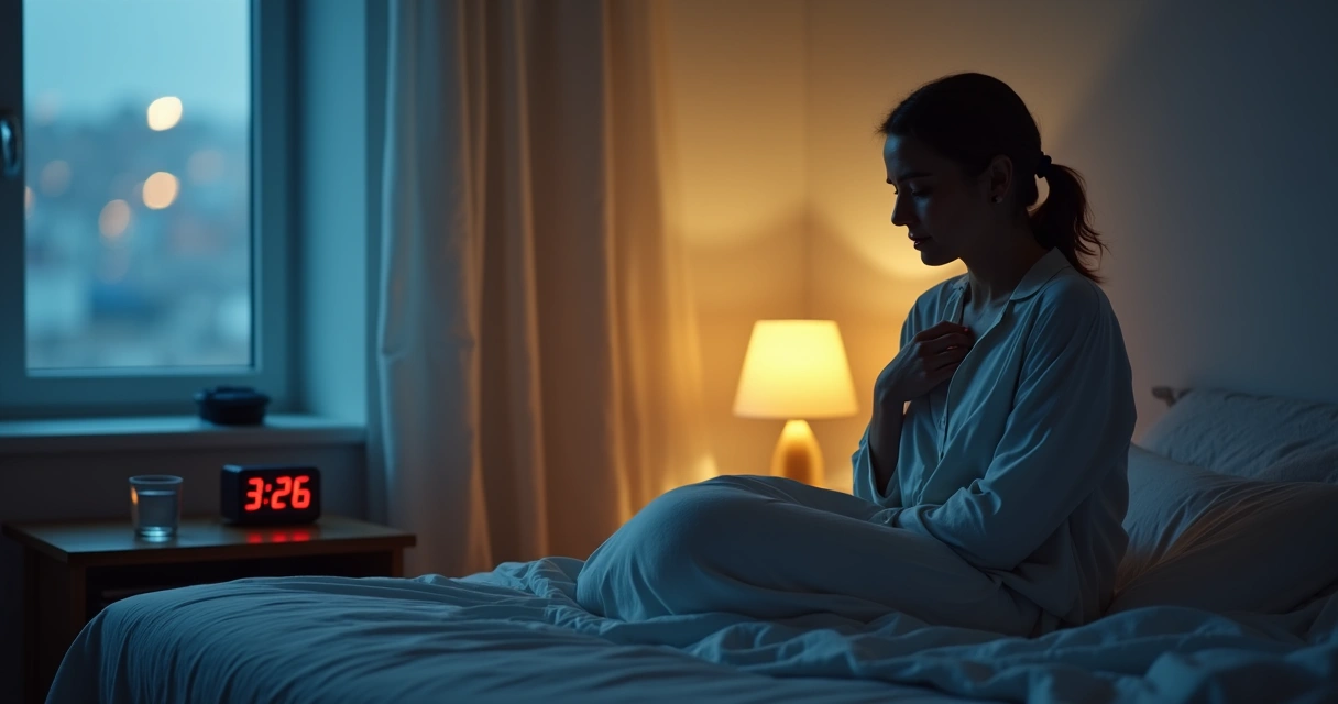 Mulher de meia-idade acordada na cama olhando relógio digital de madrugada 