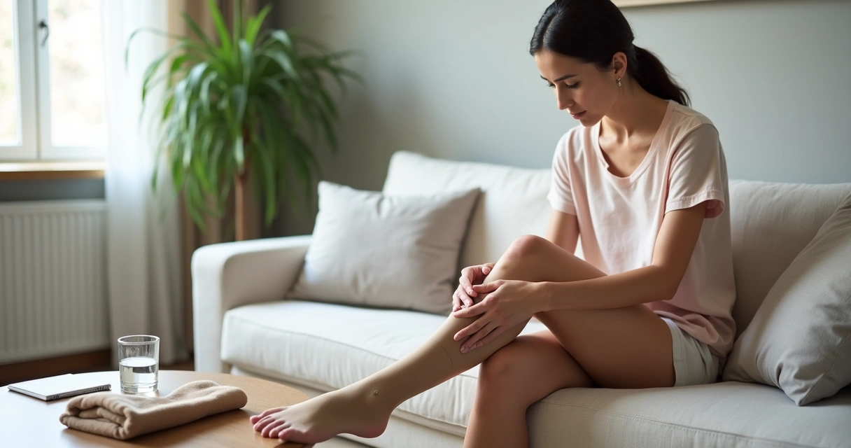 Mulher massageando as pernas cansadas e pesadas sentada no sofá 
