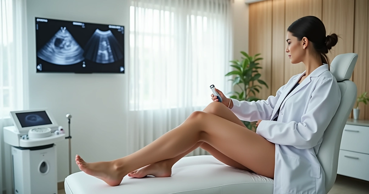 Mulher mostrando pernas lisas em clínica vascular moderna 