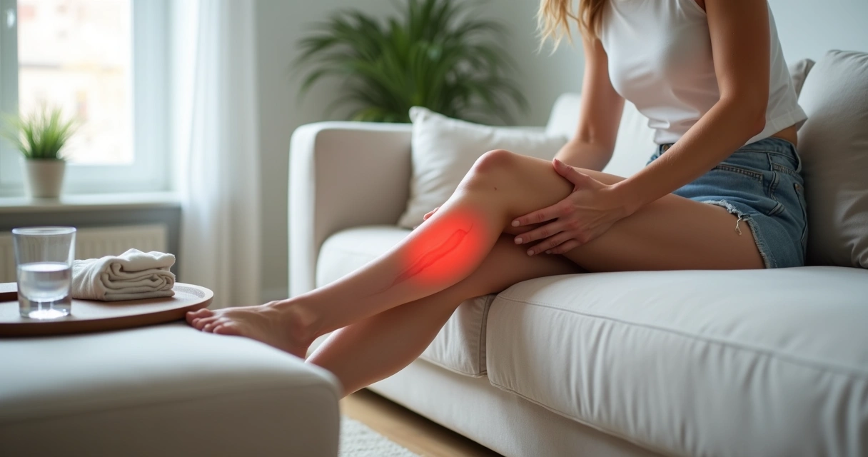 Mulher sentada segurando a perna com veia superficial vermelha e dolorida 