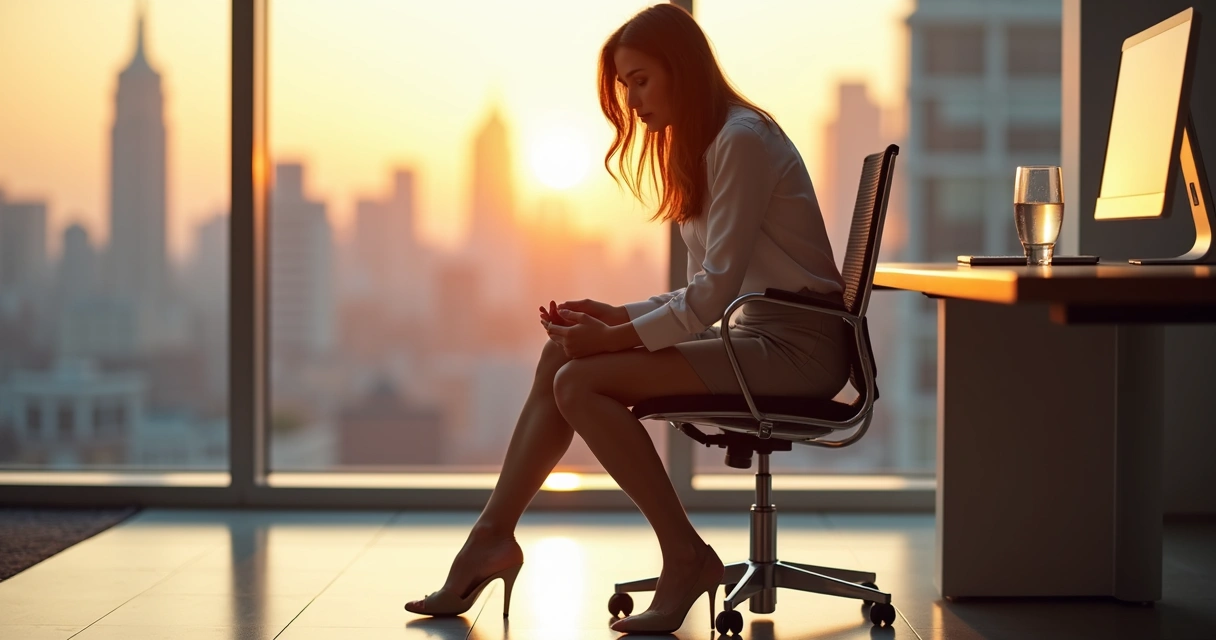 Mulher em escritório moderno observando pernas inchadas ao final do expediente 