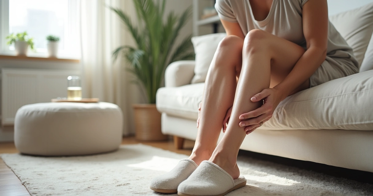 Mulher massageando pernas cansadas e inchadas sentada no sofá 