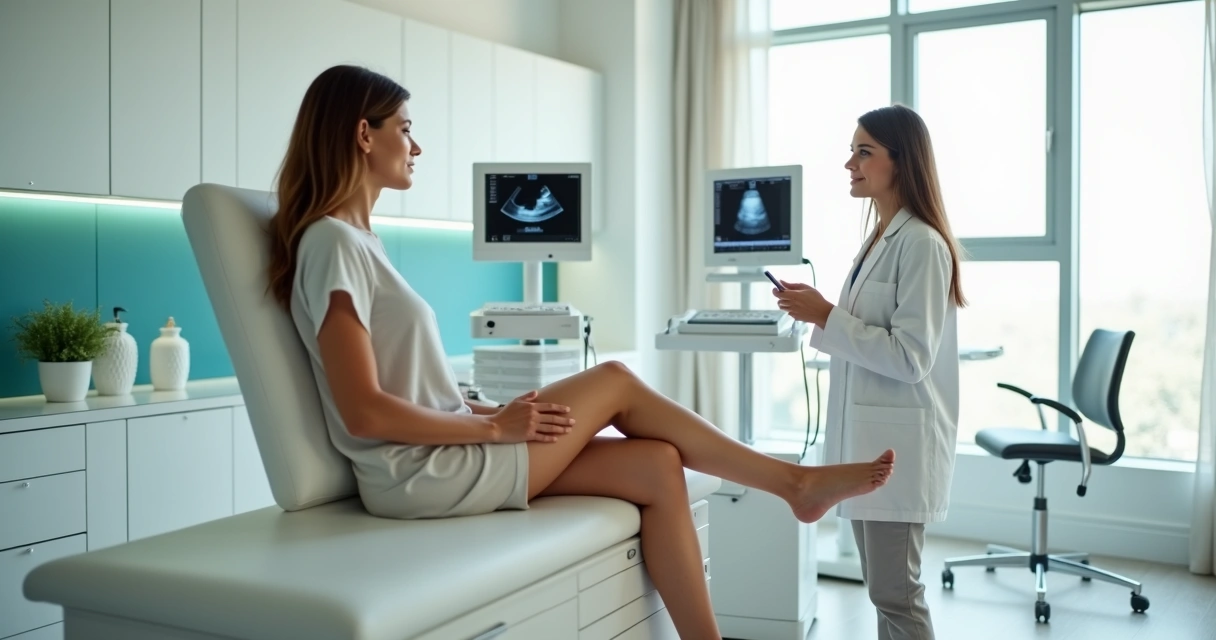 Mulher adulta observa pernas sem varizes em consultório vascular moderno 