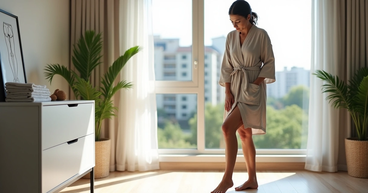 Mulher em Campinas observando varizes discretas nas pernas diante de janela ensolarada 