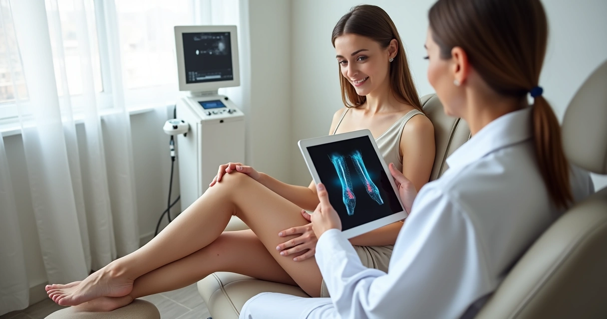 Mulher mostrando pernas com varizes discretas a médico em consultório vascular moderno 