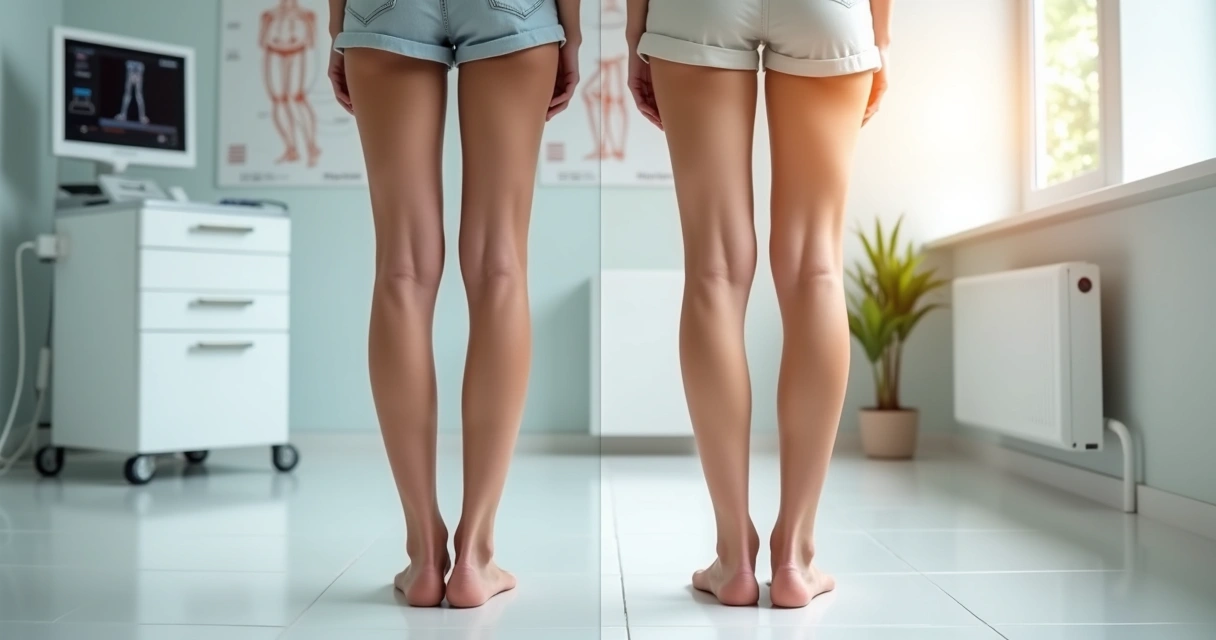 Mulher mostrando as pernas com varizes antes e depois de tratamento moderno e seguro 