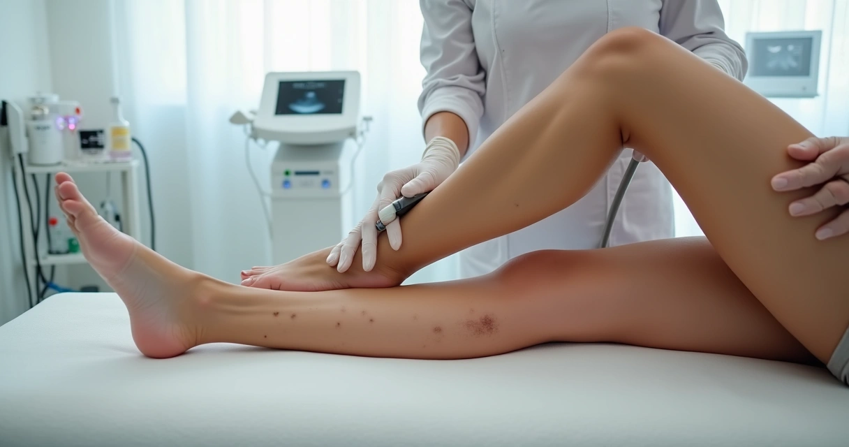 Detalhe de pernas femininas com vasinhos sendo tratados em clínica moderna 