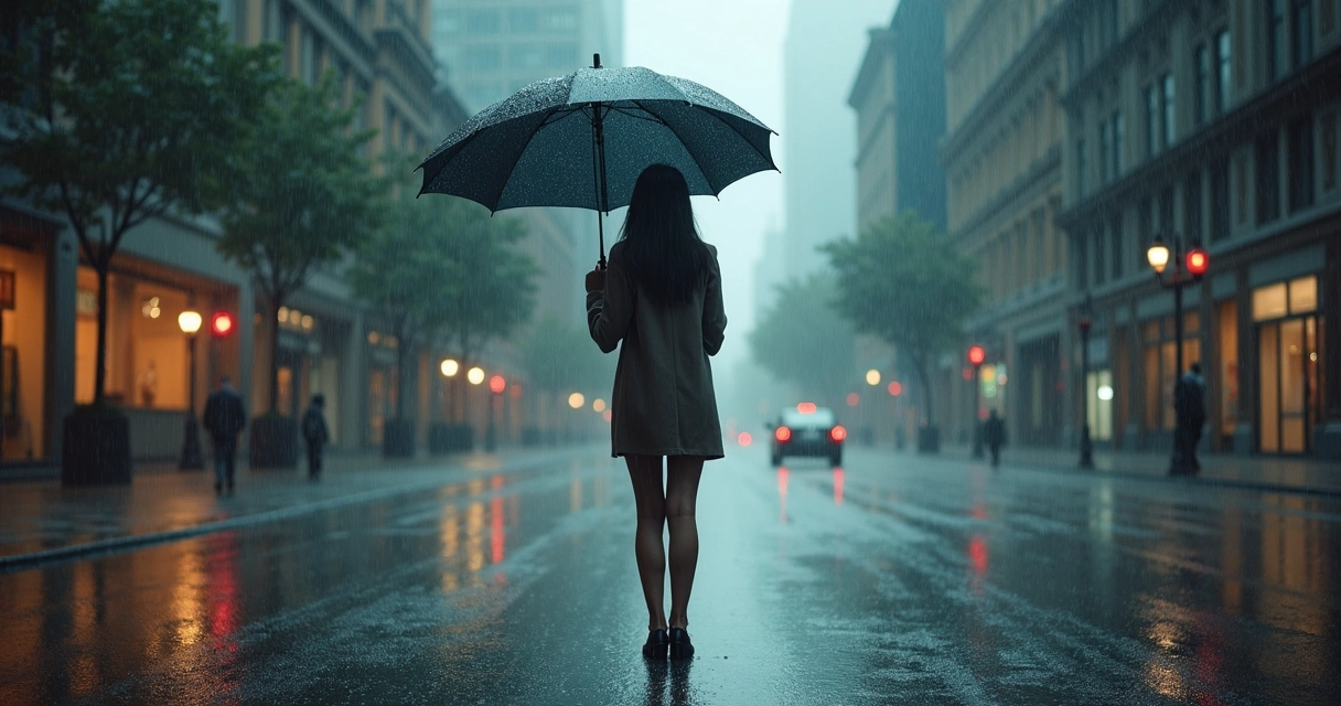Mulher em pé com guarda-chuva, enfrentando chuva intensa e céu nublado com iluminação suave e roupas discretas. 
