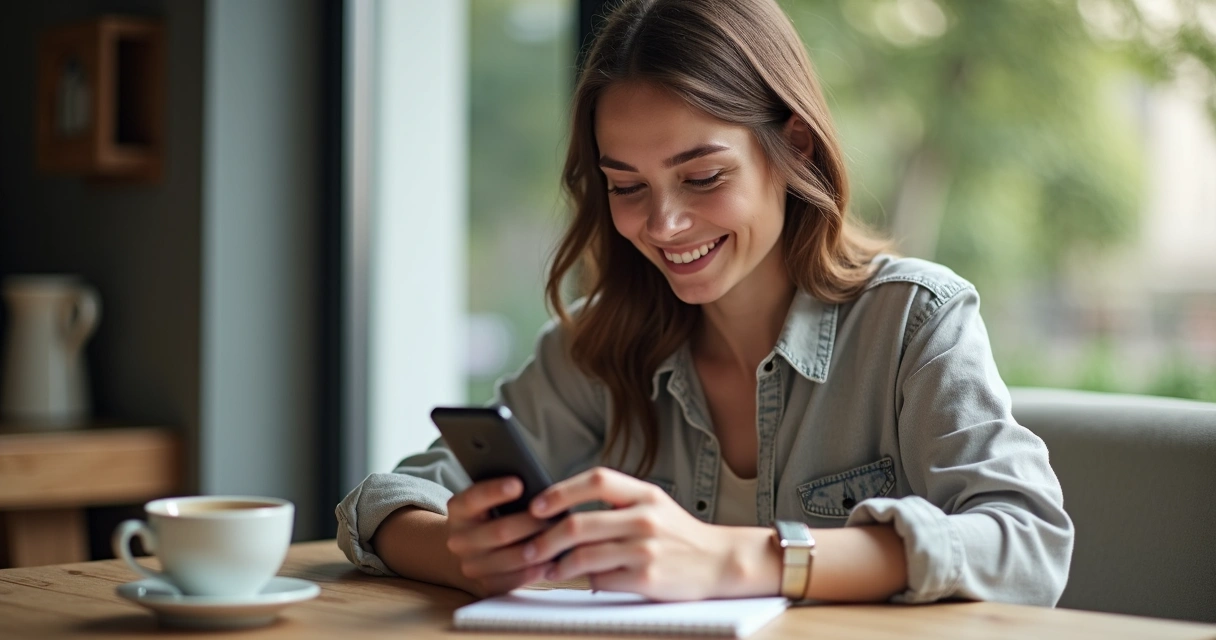 Mulher preenchendo pesquisa online no celular, mesa com café e bloco de notas 