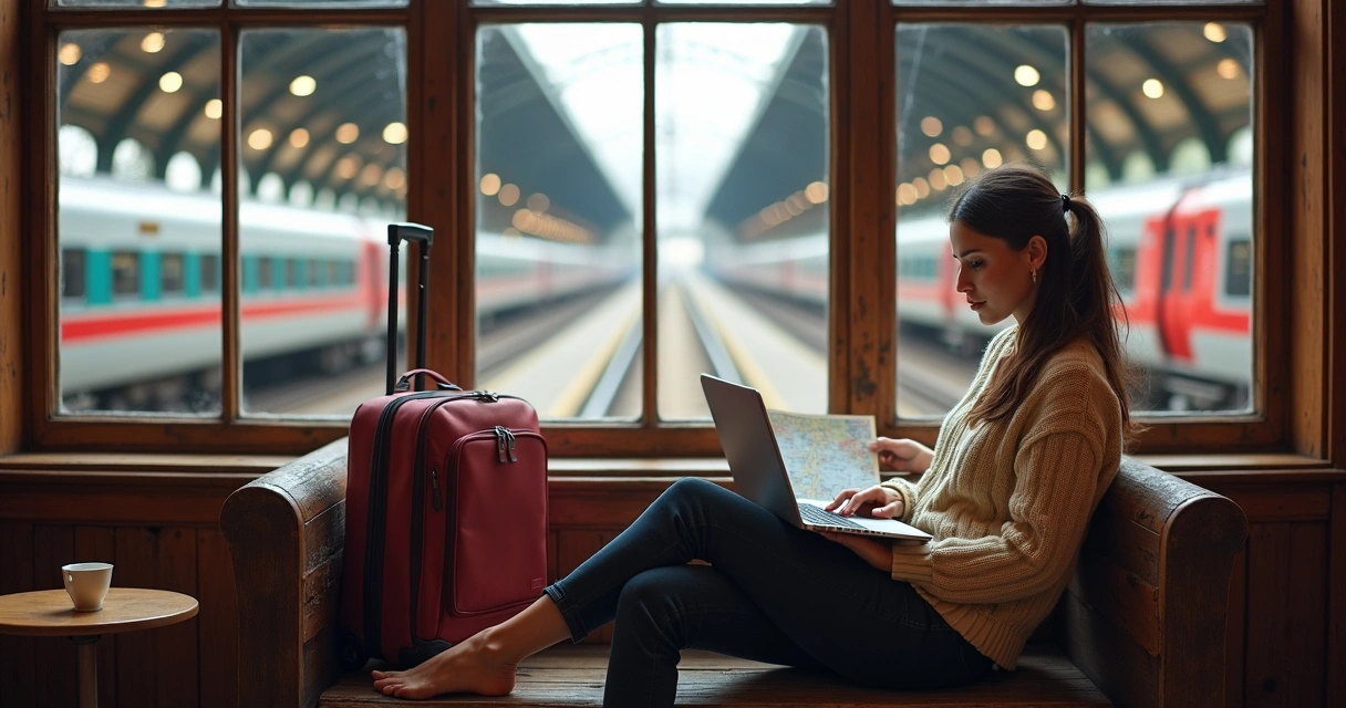 Mulher sentada com laptop pesquisando opções de passagens de trem em estação ferroviária 
