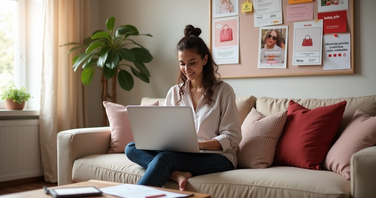 Empreendedora analisa contas do Pinterest em notebook sentada em sofá moderno 