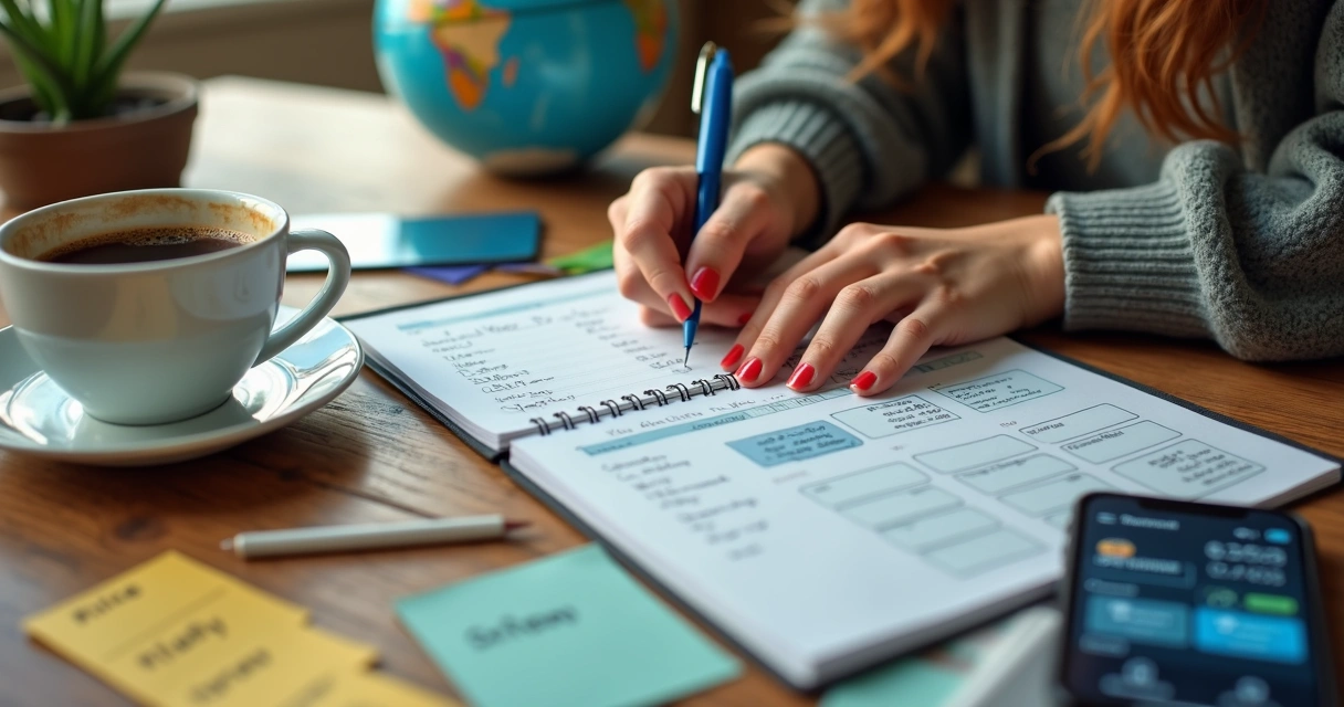 Mulher anotando no bloco sobre milhas e cartões 