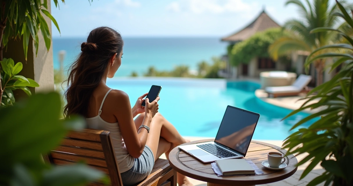 Mulher sentada planejando viagem em resort com celular 