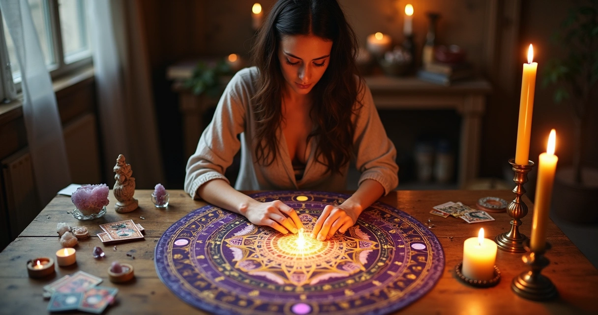 Mulher olhando para mapa energético sobre uma mesa com símbolos, luzes e cristais. 