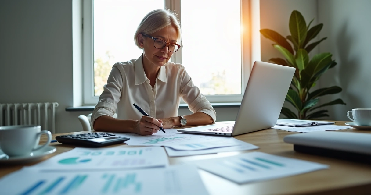 Mulher fazendo anotações em uma mesa com notebook, calculadora, papéis de finanças e uma xícara de café 