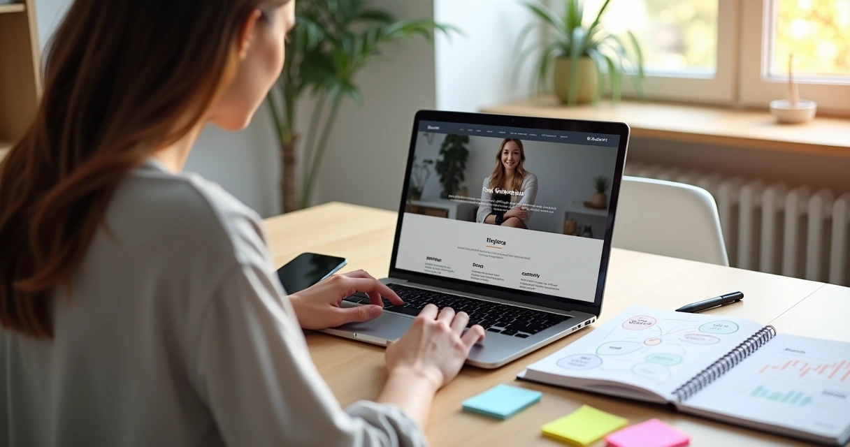 Mulher organiza planejamento de blog diante de notebook em mesa clara 