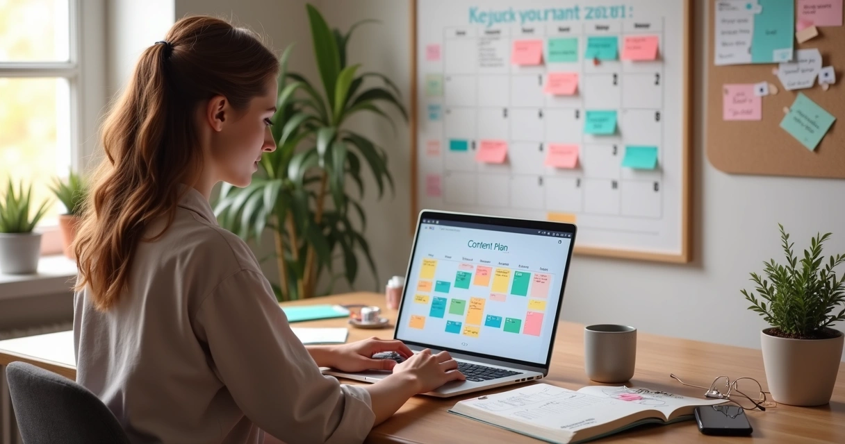 Empreendedora digital organizando calendário anual de conteúdo no laptop 