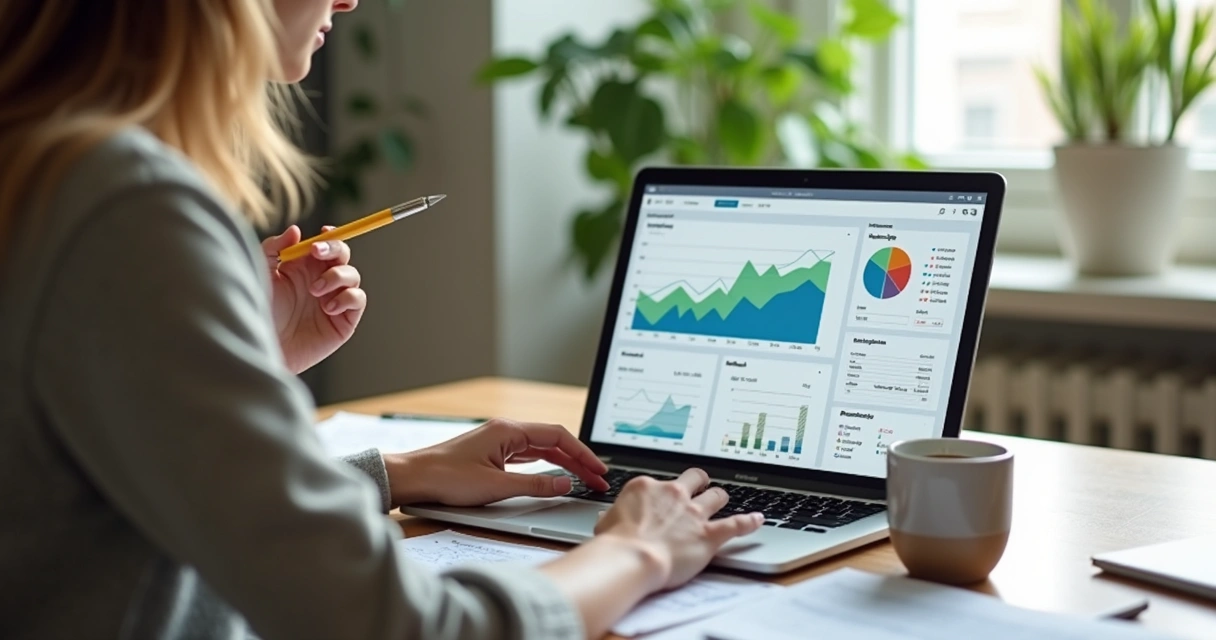 Mulher analisando gráficos financeiros em laptop com caderno e caneta em mesa organizada 