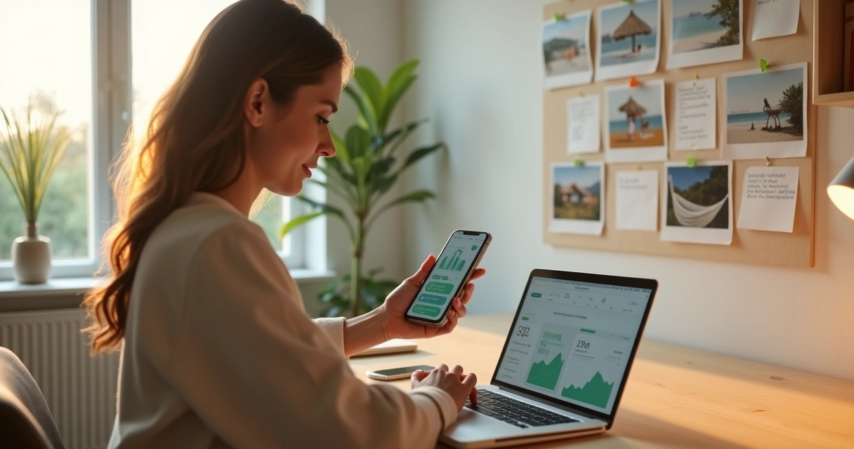 Mulher analisando app de finanças ao lado de painel com sonhos ilustrados 