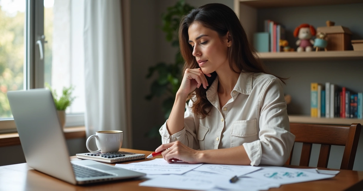 Mulher analisando planilhas e anotações à mesa 