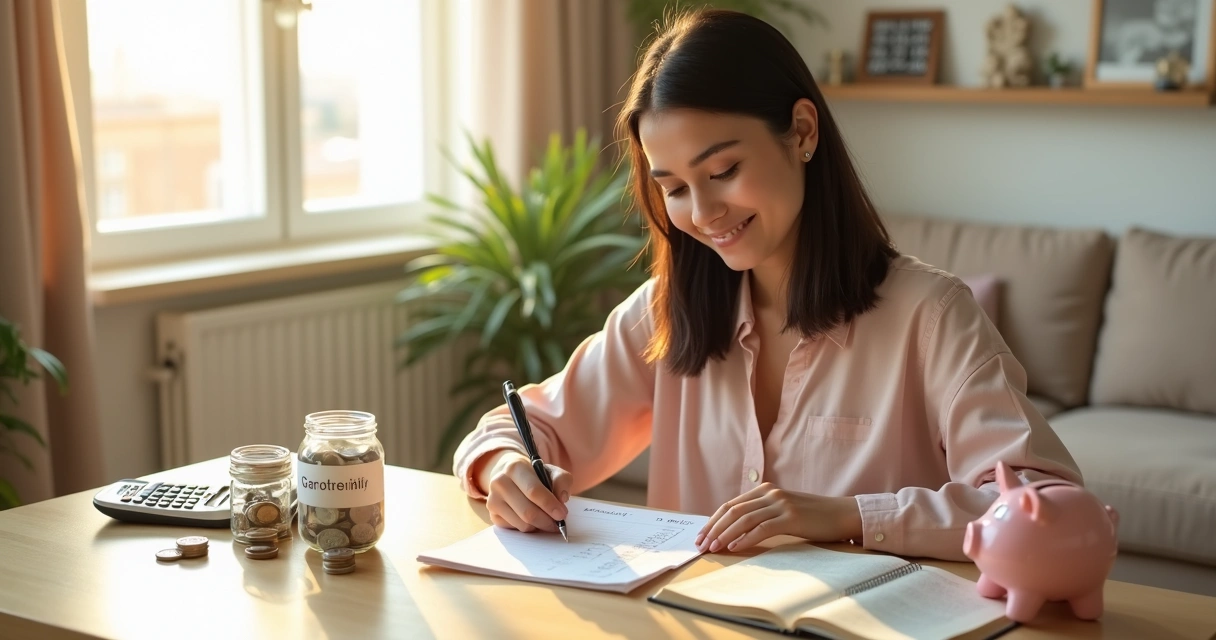 Mulher cristã anotando plano financeiro ao lado de um cofrinho e uma Bíblia 