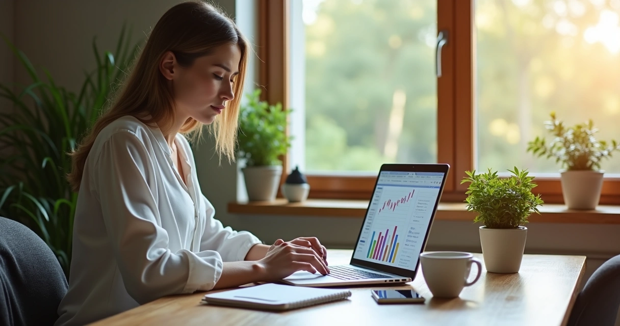 Mulher usando laptop e anotações para planejar finanças pessoais em mesa com café e smartphone 
