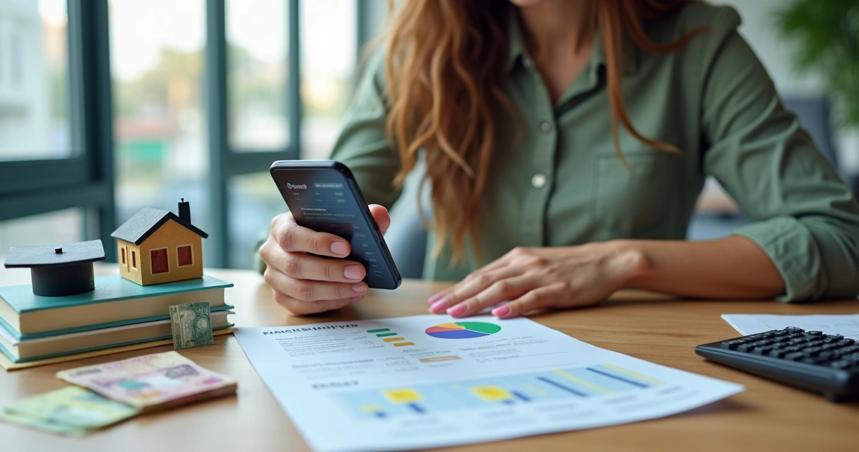 Mulher analisando opções de financiamento com maquete de casa e carro em ambiente moderno 