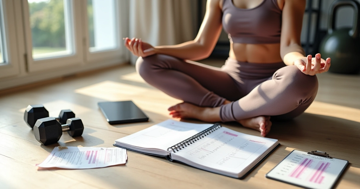 Mulher organizando volume e frequência de treino em planner ao lado de halteres 